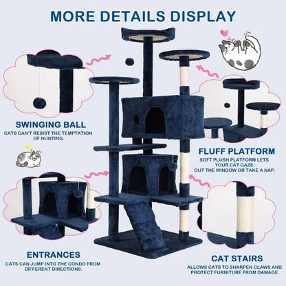 54In Cat Tree Tower for Large Cats, Cat Climbing Tower Cat Scratching Tree with Cat Scratching Stand, Big Cat Tree House Funny Toys for Kittens Pet(Navy Blue)